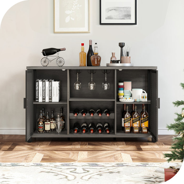 Ebern Designs Phila 55.5" Wood Wine Display Rack Storage with 2Doors